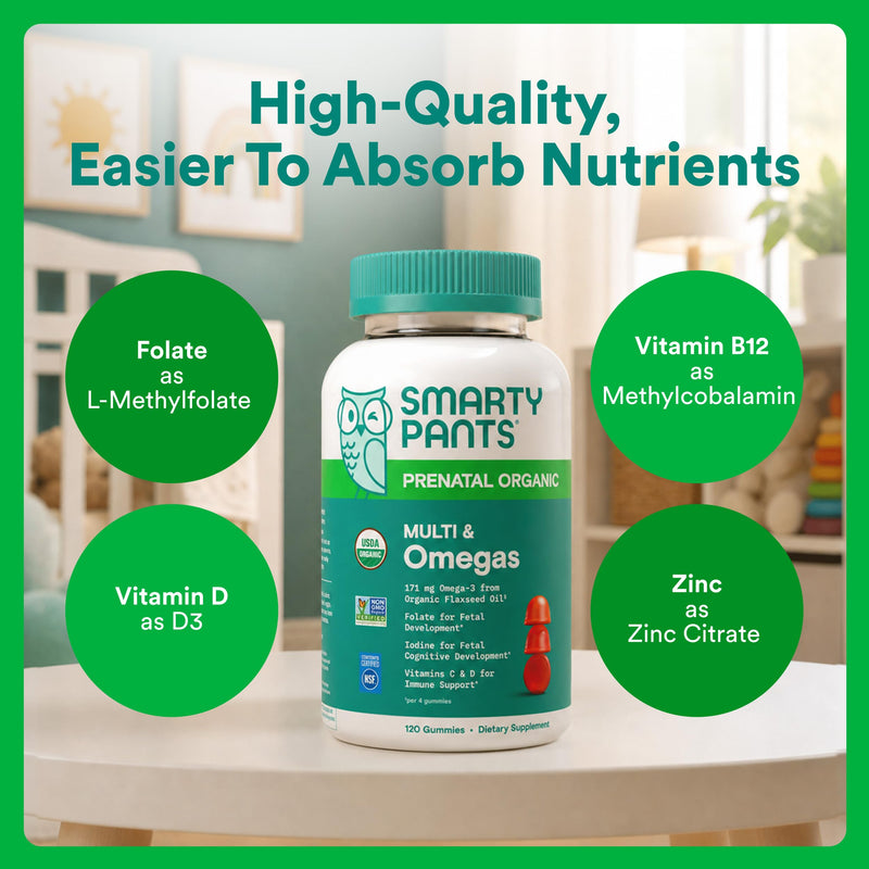 SmartyPants Organic Prenatal Vitamins for Women, Multivitamin Gummies: Biotin, Methylfolate, Omega 3 (ALA), Vitamin D3, C, Vitamin B12, B6, A, K2 & Zinc, Choline, Vegetarian, 120 Count (30 Day Supply) 1 Count (Pack of 1) Organic + Omega