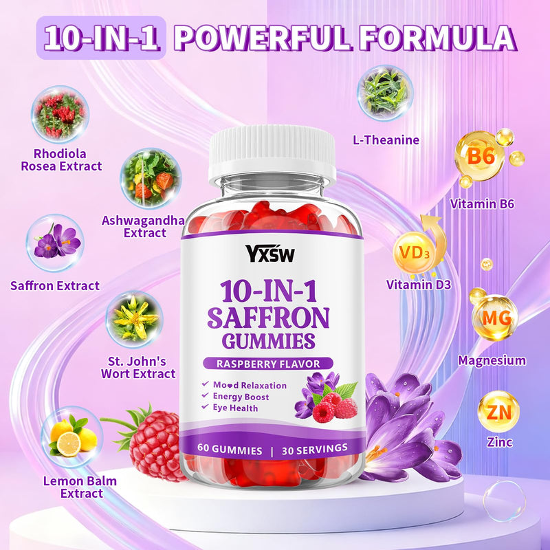 Saffron Gummies, Saffron Supplements for Kids & Adults with Ashwagandha, L-Theanine, Lemon Balm, Vitamin D3, B6, Magnesium & Zinc - Support Focus, Relaxation, Raspberry Flavor, 60 Count 60 Count (Pack of 1)