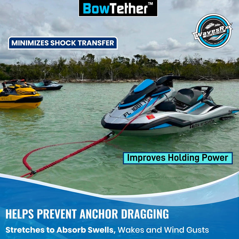 WAVESRX BowTether PWC Anchor and Dock Line - Shock Absorbing Elastic Bungee Rope Stretches 4 to 6 FT - Mooring Tether Pre Attached to Jet Ski Bow Eye for Quick Anchoring and Easy Docking Nautical Red