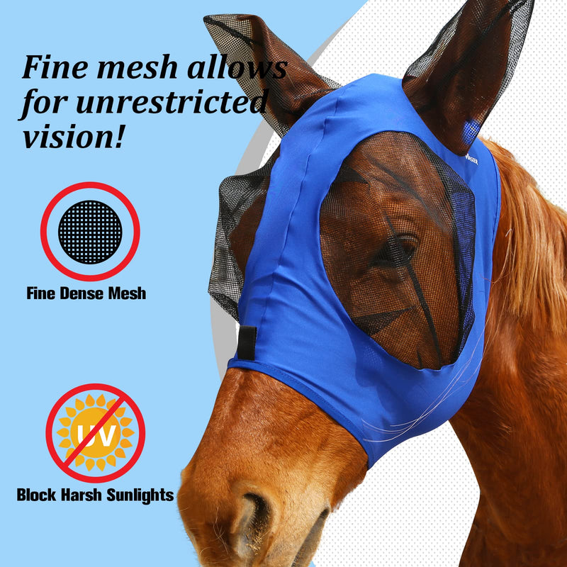 Ultra Lightweight UV-proof Full Visibility Stretchy Horse Fly Mask Azure Blue (L; Full Size) Full (Large) - BeesActive Australia