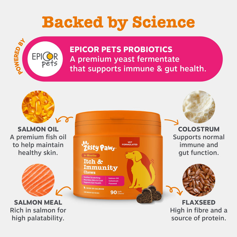 Zesty Paws Itch & Immunity Chews for Dogs | Soothes Skin, Paws & Ears from Licking & Scratching, Helps Immune Function, Skin & Gut Health | Contains Salmon Oil & Probiotics | Daily Use | 90 Chews