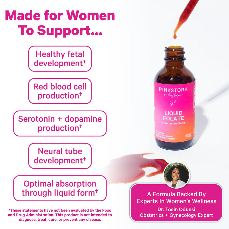 Pink Stork Liquid Folate Drops, 5-MTHF Methylfolate B9 Vitamin, 2 fl oz | Bioavailable Folate | Liquid Folic Acid Alternative for Women | Prenatal Folate | Non-GMO, Vegan | 2 Month Supply