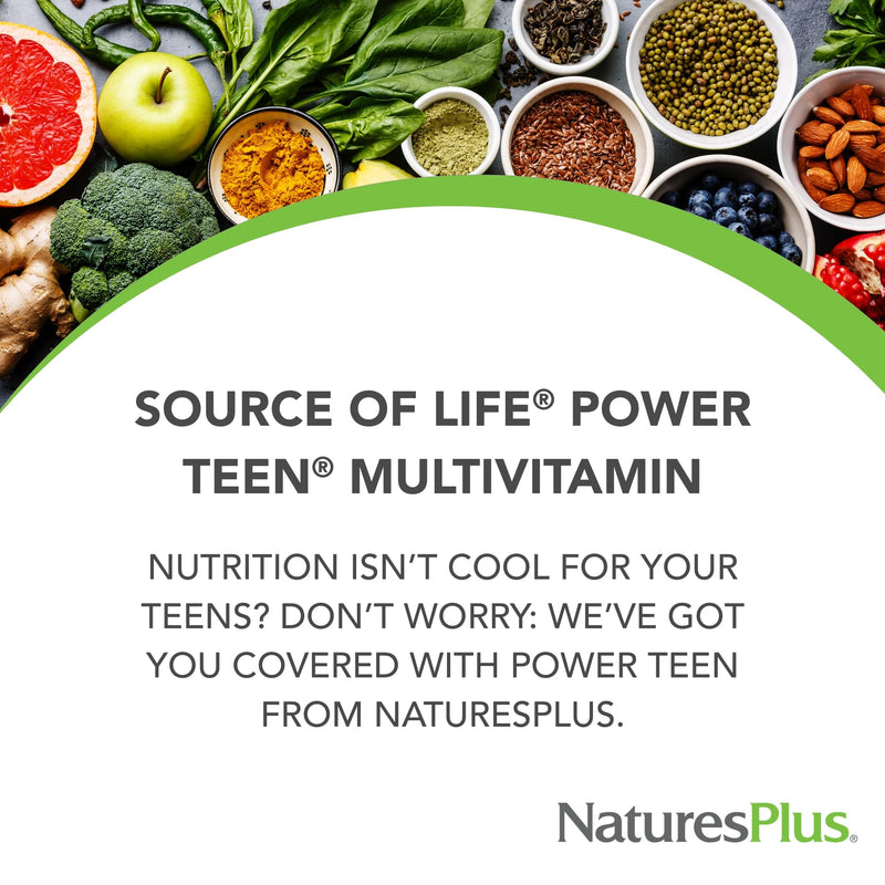 NaturesPlus Source of Life Power Teen - 90 Vegetarian Tablets - Teen Multivitamin with Minerals & Whole Foods for Mental Focus, Energy Booster - Gluten-Free - 45 Servings