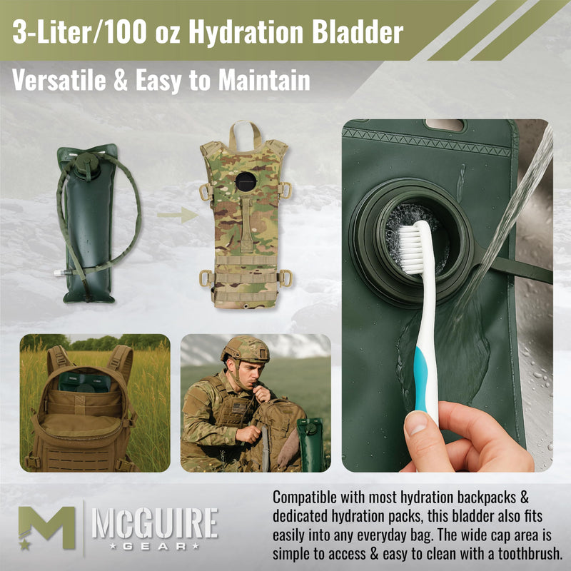 M MCGUIRE GEAR Hydration Bladder, 3L/100 oz. Water Bladder, Leak Proof Hydration Pack, Water Reservoir with Insulated Drinking Tube for Hiking, Cycling, and Biking Olive Drab