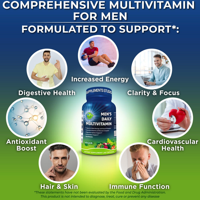 Vegan Methylated Multivitamin for Men - Saw Palmetto, Biotin & Probiotics | Men's Daily Multivitamin - Energy, Digestive & Optimal Health Support, Organic Superfoods, Easy-to-Swallow Capsules 60 Count (Pack of 1) Men's Multivitamin