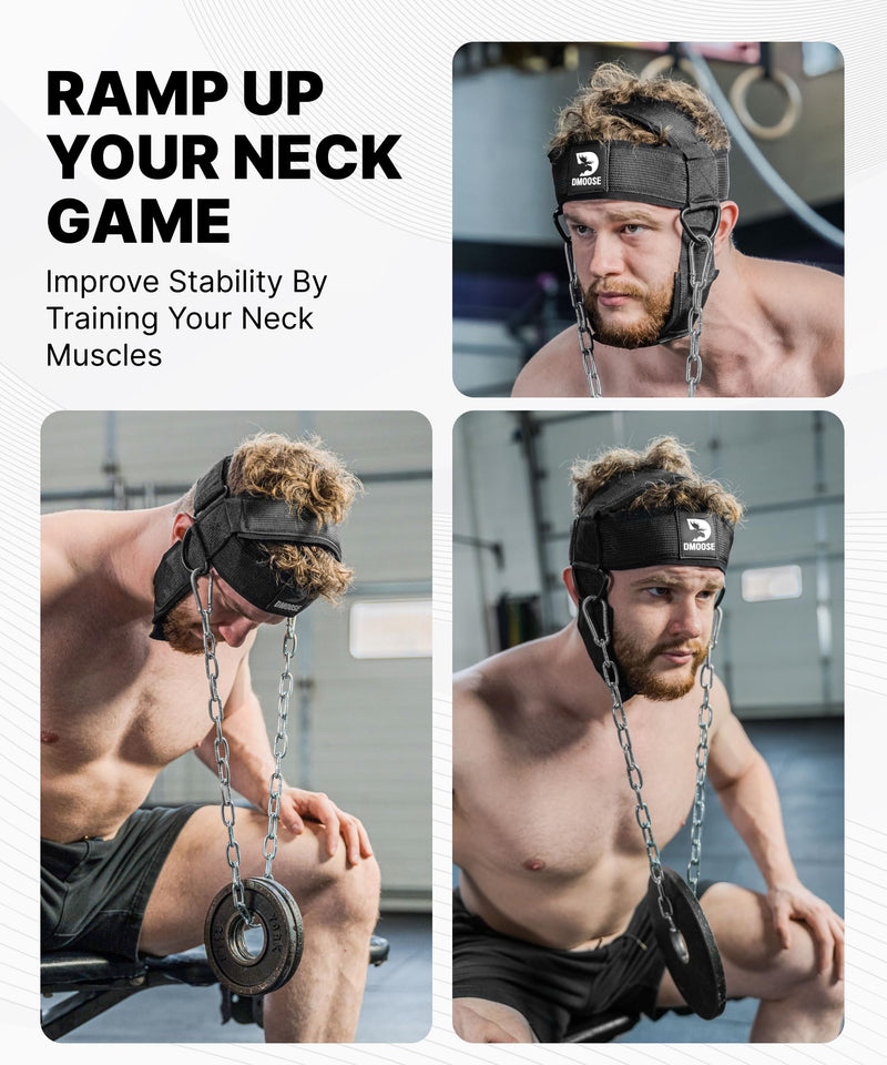 DMoose Fitness Neck Harness for Weight Lifting - Soft Padded Head & Chin Strap with 30" Heavy Duty Steel Chain - Neck Exerciser, Trainer & Strengthener to Support Injury Recovery and Intense Workouts With Support Strap Red