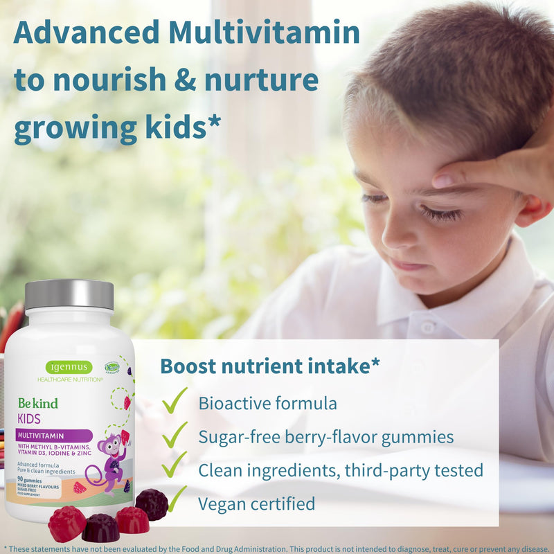 Igennus Methylated Kids Multivitamin Gummy, MTHFR, No Artificial Sweeteners or Flavors, Sugar Free, Age 4+, 90 Natural Berry Flavor Gummies from Fruit Powder, Non-GMO, Halal, Clean Label 90 Count (Pack of 1) - BeesActive Australia