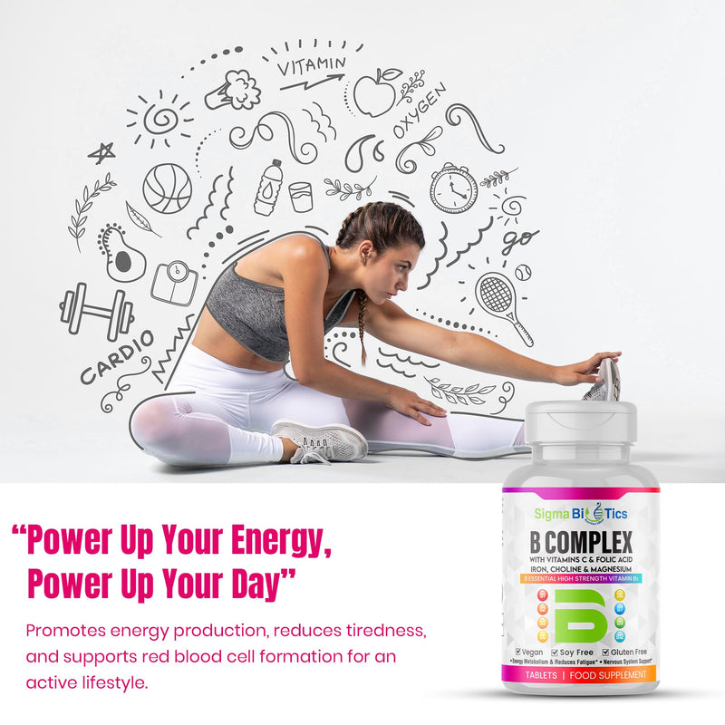 Vitamin B Complex with Vitamin C, Iron, Magnesium & Choline - High Potency B1-B12 Tablets - Energy, Metabolism & Nervous System Support - Vegan, Non-GMO - 90 Tablets