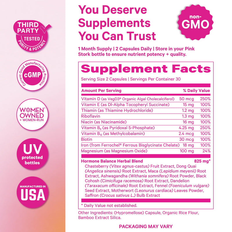 Pink Stork Hormone Balance Multivitamin for Women, 60 Vegan Capsules | 18-in-1 Vitex, Saffron, Ashwagandha, Magnesium | Mood, Energy, Cortisol, Adrenal Support | PMS, Perimenopause Support