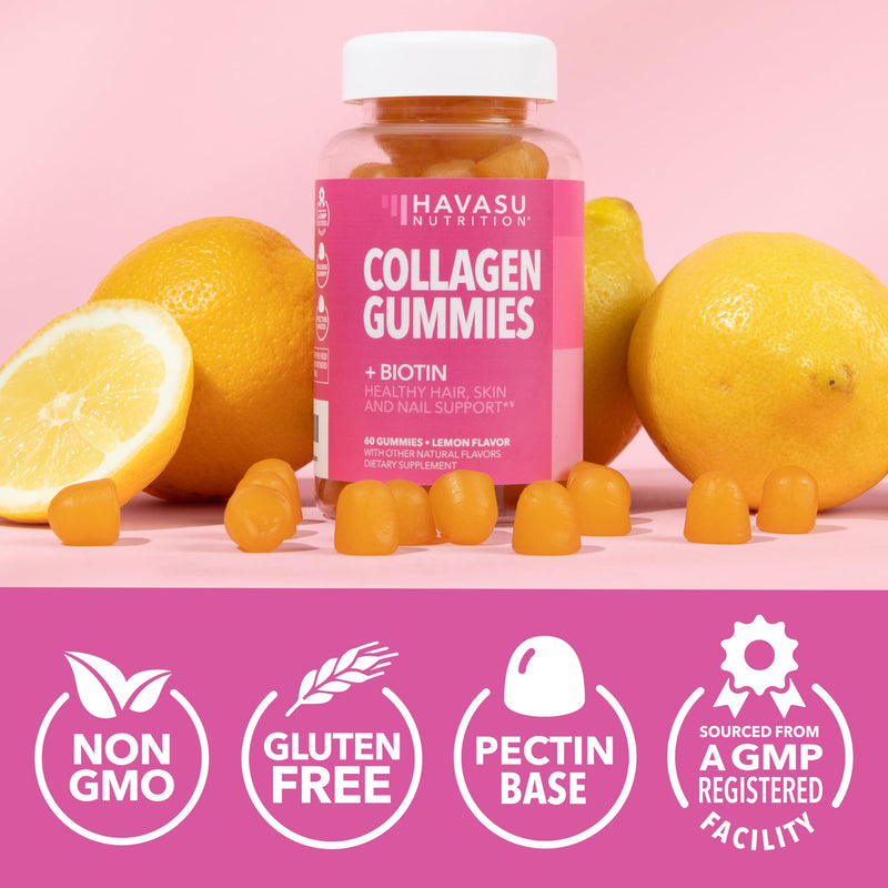 Collagen Gummies With 2500 mcg Biotin, Hair Skin & Nail Support, Lemon | For Women & Men with Biotin, Zinc, Vitamin C & E, Hydrolyzed Collagen, Lemon Flavor, 30 Servings, Hair, Skin & Nail Support 60 Count (Pack of 1)