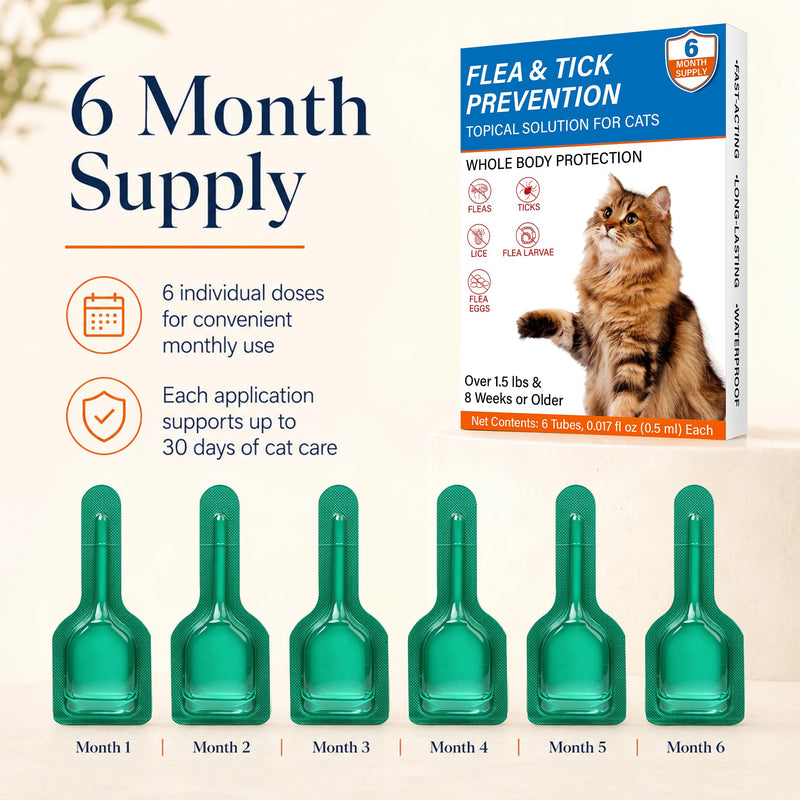 Cat Flea & Tick, Waterproof Topical Preventative for Cats Over 1.5 lbs and 8 Weeks or Older, 6 Doses Supply