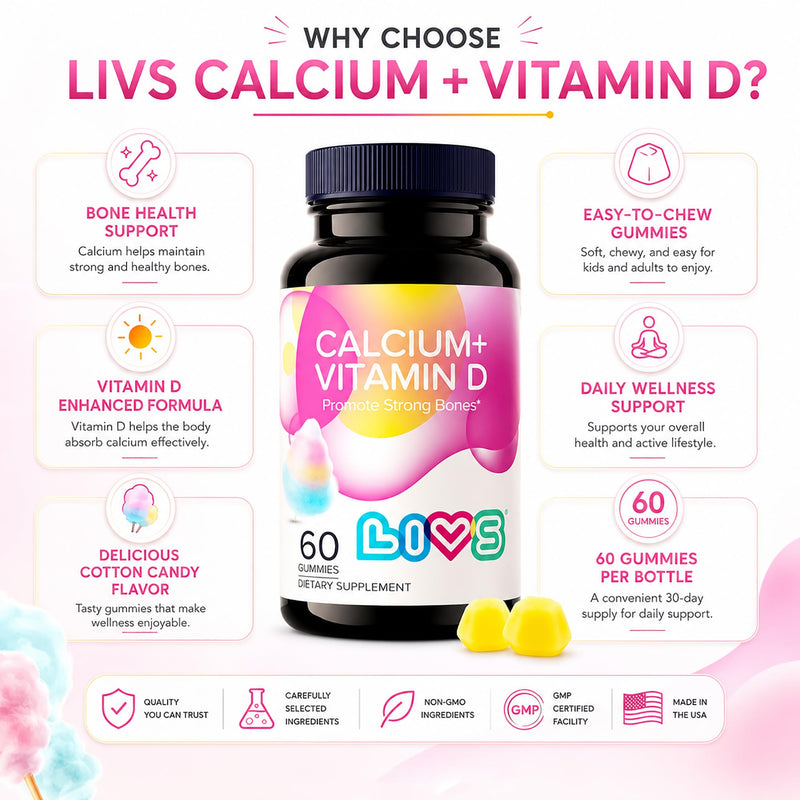 LIVS Calcium & Vitamin D3 Gummies for Adult & Kids – 170mg + 1000 IU D3 Supplement for Immune Support, Bone & Teeth Health – Cotton Candy Flavor – Gluten-Free – 60 Count/30 Servings Calcium & Vitamin D 60 Count (Pack of 1)