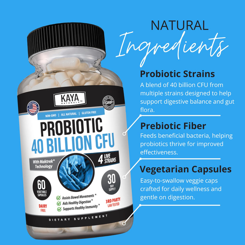 Kaya Naturals Probiotic 40 Billion CFU, Prebiotic, 4 Strains, 60 Capsules | 40 Billion CFU at Manufacture; 4 Probiotic Strains; Prebiotic FOS; MAKTREK Bi-Pass Technology; Gluten & Dairy Free 60 Count (Pack of 1)