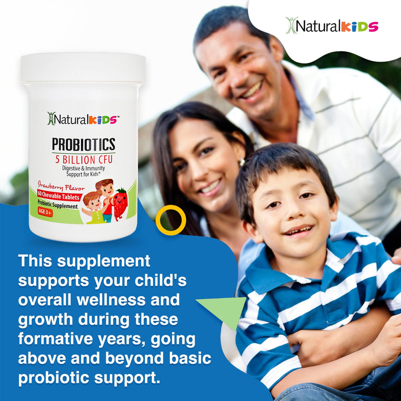 NaturalSlim Kids Probiotics for Digestive & Gut Health, Immune Support, 5 Billion CFU with LGG, BB-12 & 4 Probiotic Strains, 35 mg Calcium, for Children Ages 3+, Strawberry Flavor, 60 Chewable Tablets | Digestive Health, Immune Support, Kids Gut Health...
