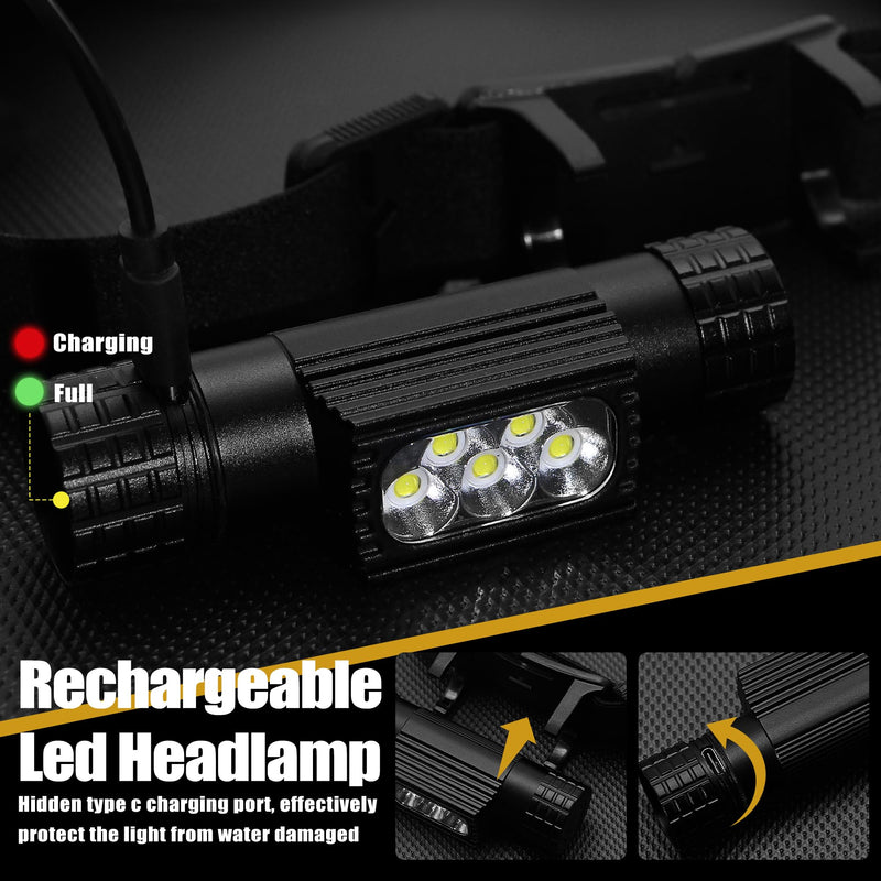 Headlamp Rechargeable, 2000 Lumen Super Bright LED Head Lamp for Adults, IP67 Waterproof Rechargeable Headlight with 9 Modes, Head Flashlight with 2600 mAh for Outdoor Camping Hiking Fishing Running 2000lm - 9 modes