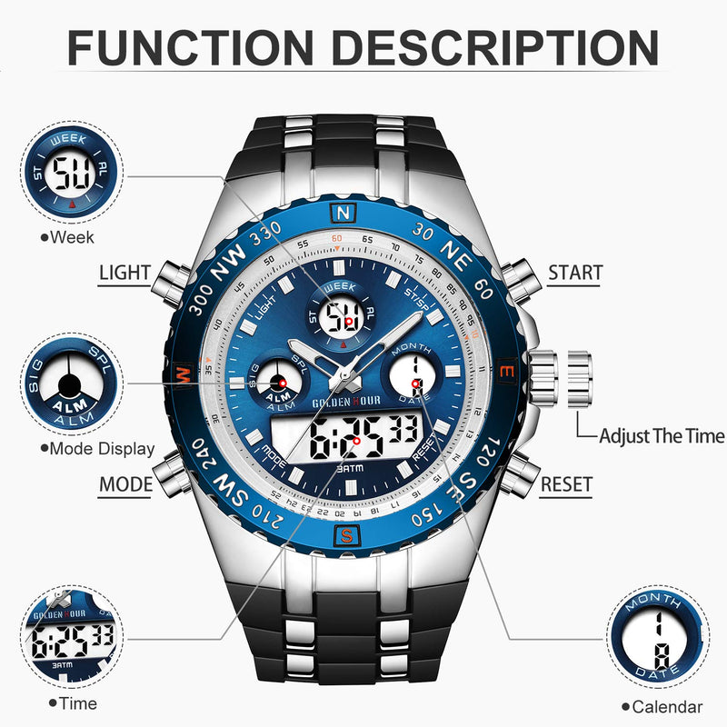 GOLDEN HOUR Luxury Military Sports Men's Watches Large Size Big Face 3ATM Waterproof, Stopwatch, Date and Date, Alarm, Luminous Digital Analog Wrist Watch with Rubber Band silver blue