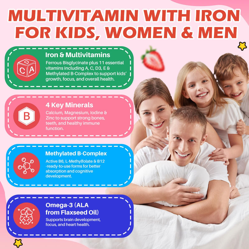 Iron Supplement Gummies for Kids with Multivitamin, Calcium, Zinc, Folate - Kids Iron Gummies Support Immune, Blood Builder, Iron Deficiency, Anemia & Energy - Vegan, Strawberry 60 Count 60 Count (Pack of 1)