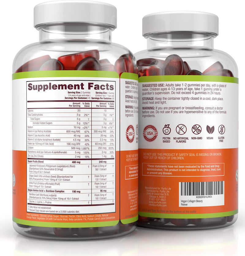 Vegan Collagen Booster Gummies with Biotin, Support Hair, Skin, Nail Health | Collagen support superfruit complex with vitamin A, E, C & biotin - tasty alternative to capsules & pills, vegan, made in USA Beauty Gummies