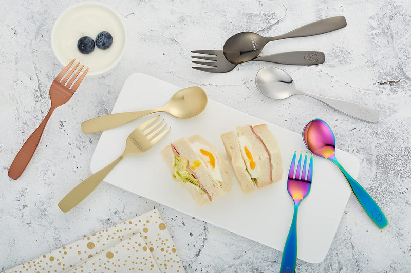 ANNOVA Kids Silverware 6 Pieces Children's Safe Flatware Set Stainless Steel - 3 x Forks, 3 x Children Dinner Spoons, Toddler Utensils, Metal Cutlery Set for LunchBox (Engraved Dog Bunny) WF850-S6FS - BeesActive Australia