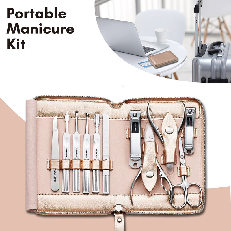 FAMILIFE Gifts for Women, Manicure Set Professional Manicure Kit 11 in 1 Nail Kit Nail Clippers Tools Stainless Steel with Rose Gold Leather Case Travel Sets - BeesActive Australia