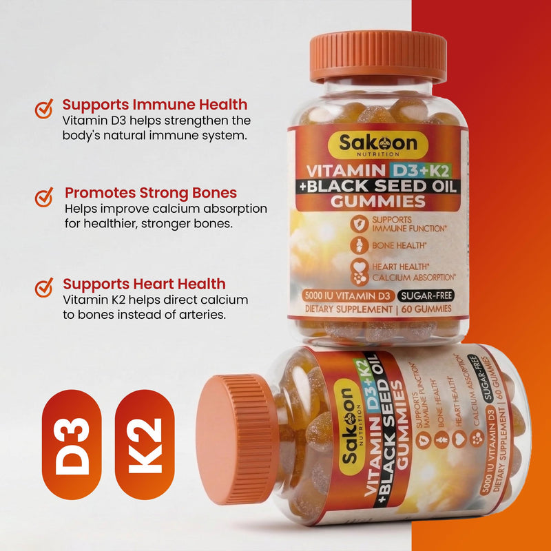 Sakoon Vitamin D3 K2 Gummies 5000 IU for Women & Men | with K2 MK7 & Black Seed Oil | Bone Strength, Calcium Absorption & Immune Support | Sugar-Free, Non-GMO, Gluten Free | 60 Gummies Chewables