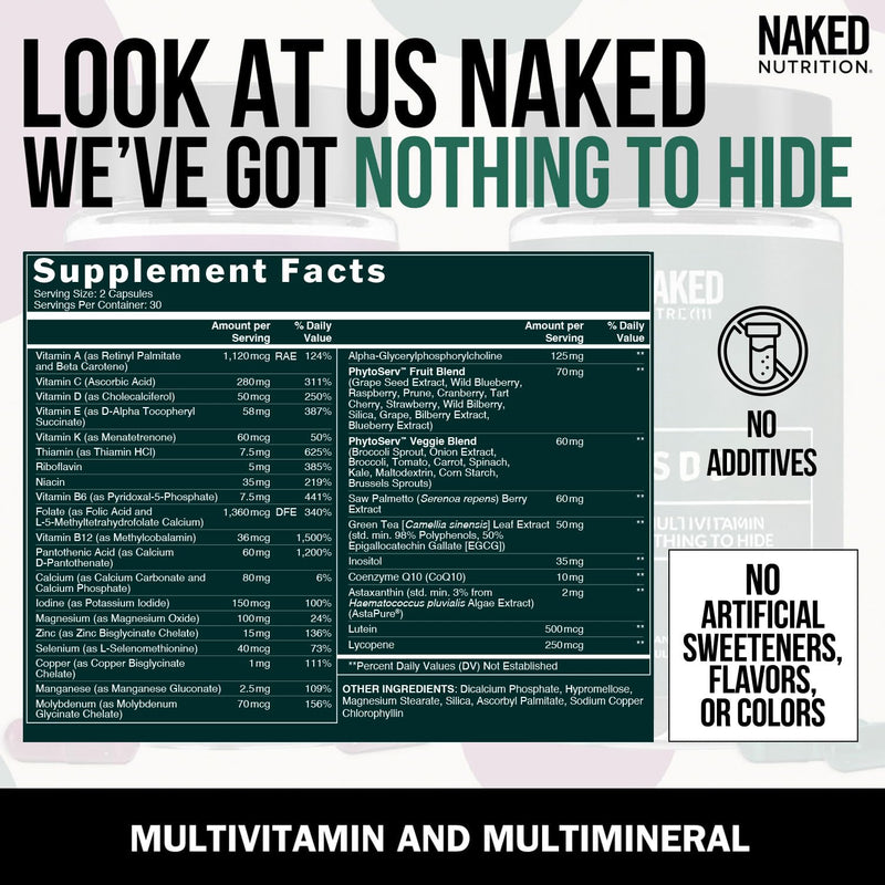 NAKED Men’s Multi – Daily Multivitamin for Men – A, C, E, Selenium, Zinc, Fruit and Super Green Extracts and More to Boost Immune Support – Gluten-Free and Vegetarian Daily Vitamins – 60 Capsules Men's