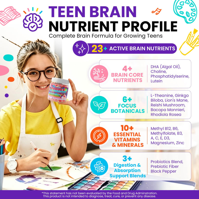 LILICARE Teen Brain Focus Vitamin Gummies with Omega-3,Lion's Mane Mushroom | 23-IN-1 Advanced Teens Brain Formula Helps Support Focus, Memory & Mental Performance for During School, Study & Exams 60 Count (Pack of 1) Teens Brain Gummies, 60 Count