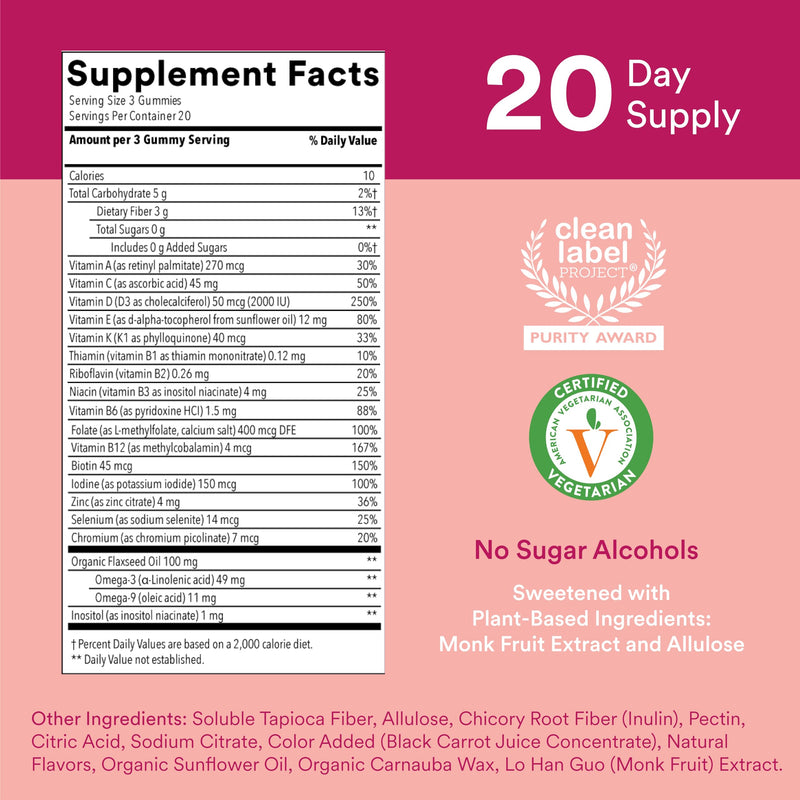 SmartyPants Women's Multivitamin Gummies, Sugar Free: Biotin, Methylfolate, Omega 3 (ALA), Vitamin D3, C, Vitamin B12, B6, A, K & Zinc, Inositol, Gluten Free, 60 Count (20 Day Supply) Old Formula