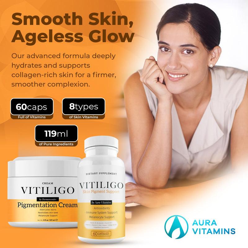 Dermawonder Vitiligo Supplement & Pigmentation Cream Set | 60 Vitiligo Capsules and 4fl Oz Cream | Reduce White Spots, Improve Skin Pigmentation & Neutralize Skin Tone | Natural Solution (1) 60 Count (Pack of 1), 4 Fl Oz (Pack of 1)