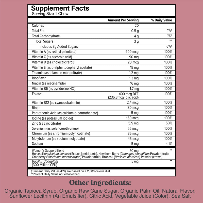 CHEWSY Women's Multivitamin - Immune & Energy Support - 23 Nutrients Including A, B12, C, Folic Acid, Probiotics, Biotin, Cranberry - 30-Day Supply Women's Multi 30 Count (Pack of 1)