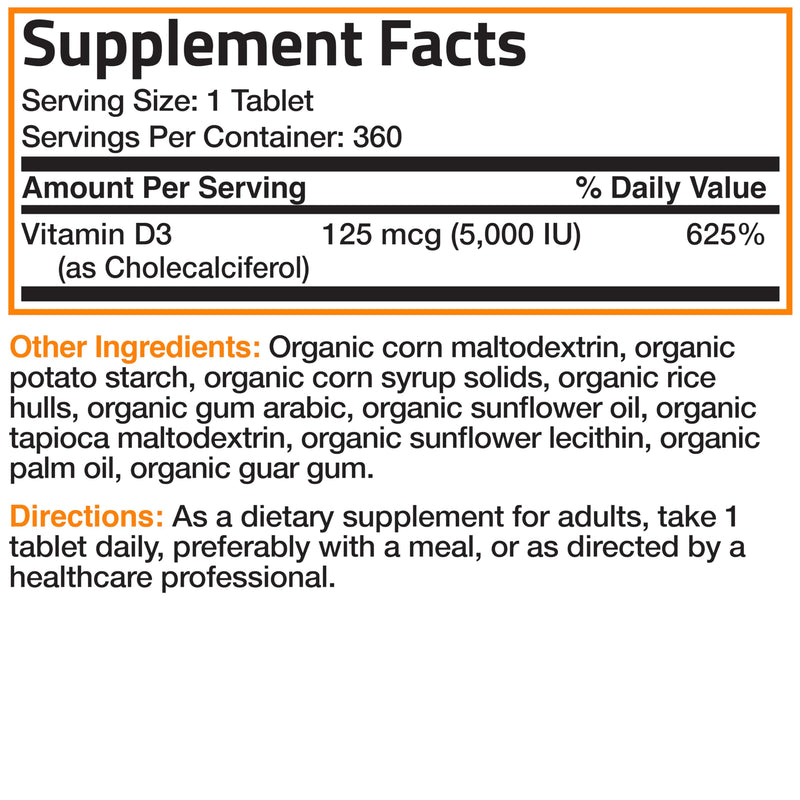 Bronson Vitamin D3 5,000 IU (125 mcg), USDA Certified Organic, 360 Tablets | Bone, Muscle, Immune & Nervous System Support, Non-GMO, Gluten-Free, Soy-Free, Wheat-Free & Nut-Free 360 Count (Pack of 1)