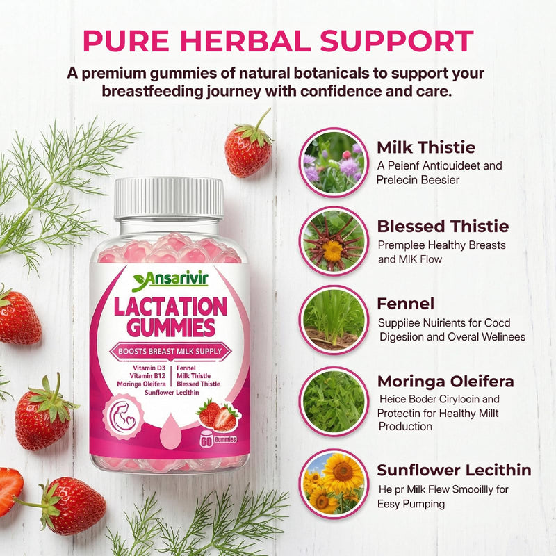 Lactation Supplement Gummies – Powered by Moringa, Fennel, Sunflower Lecithin, Milk Thistle, Blessed Thistle, Plus Vitamins D3 & B12 – 60 Gummies for Breastfeeding Support & Milk Supply Boost