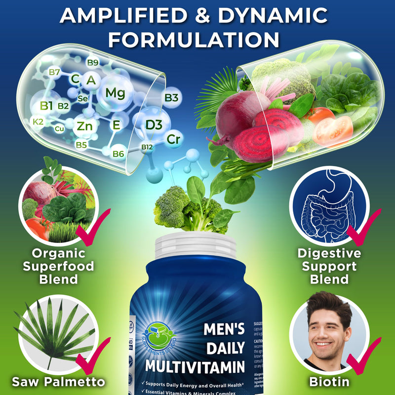Vegan Methylated Multivitamin for Men - Saw Palmetto, Biotin & Probiotics | Men's Daily Multivitamin - Energy, Digestive & Optimal Health Support, Organic Superfoods, Easy-to-Swallow Capsules 60 Count (Pack of 1) Men's Multivitamin