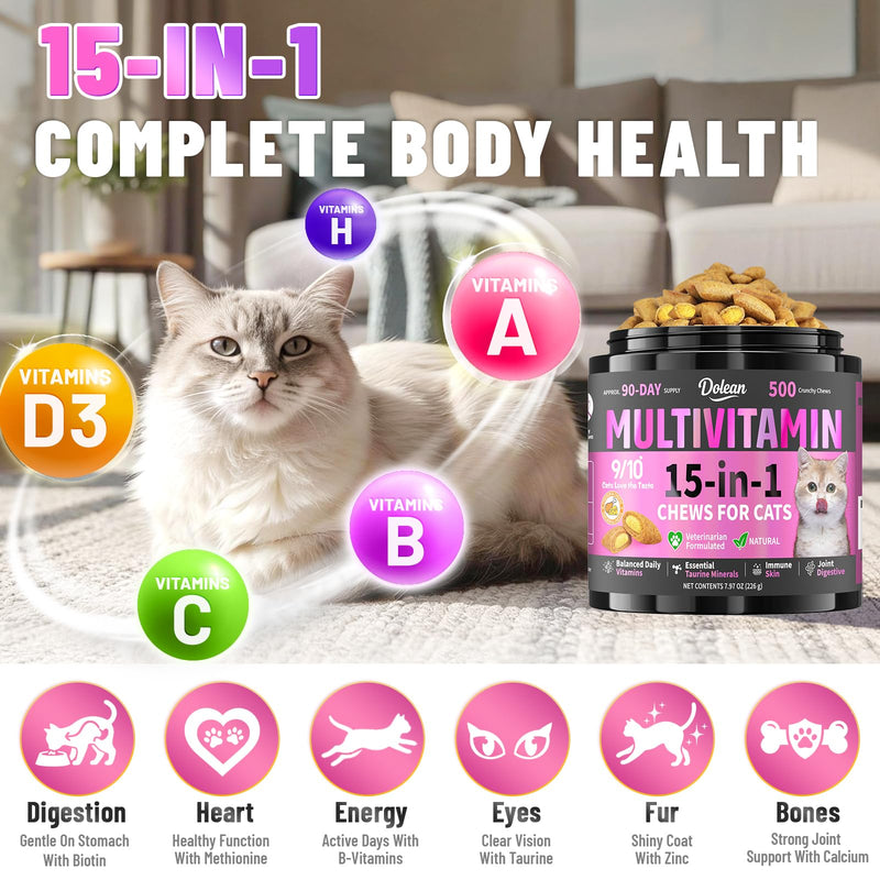 Taurine for Cats Vitamins Treats, 15 in 1 Cat Multivitamin Support Skin, Joint, Digestion & Immune Supplement, 500 Crunchy & Creamy Chews with Essential Vitamins for Cats of All Ages (90-Day Supply)