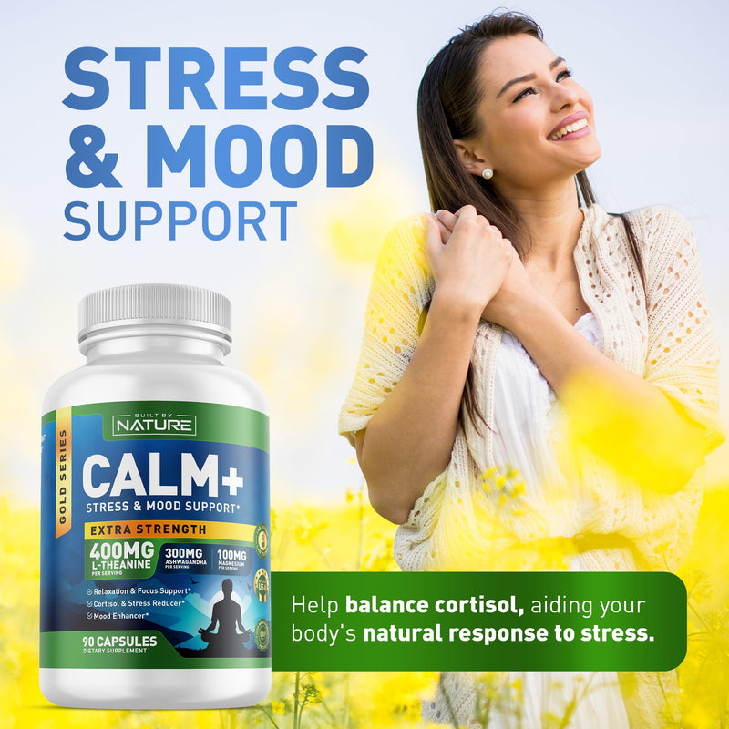 Built by Nature Calm+ Relaxation & Focus Supplement, 90 Capsules Stress, Cortisol & Mood Support, L-Theanine, Ashwagandha, Magnesium Glycinate, Vitamin D3