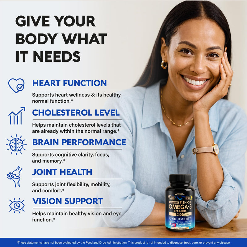 Omega 3 Fish Oil 3600 mg - Omega 3 Supplement | EPA & DHA - Heavy Metals Free - Heart, Brain & Joint Support - Purified Fish Oil for Men & Women - Burpless, Lemon Flavored - Made in USA, 90 Softgels - BeesActive Australia