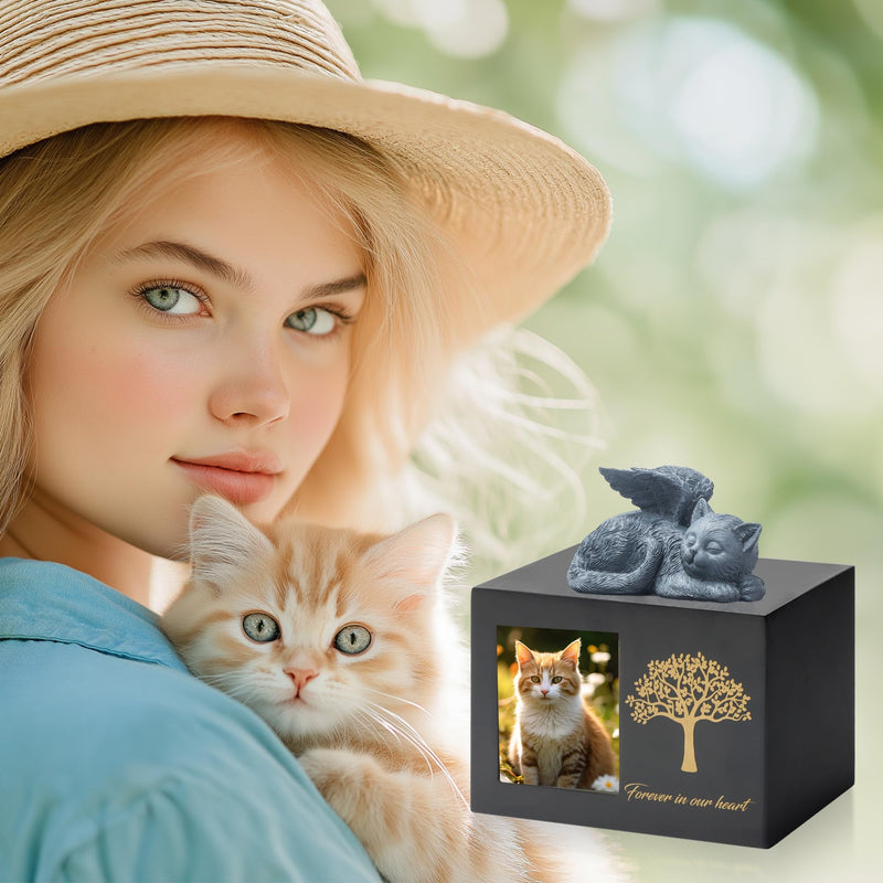 DiDiBirDi animal urns for cats, pet cremation box, cat urn for ashes, black cat urns made of wood for ashes, comes with a cat angel statue made of resin and a velvet bag for storage set 1 - BeesActive Australia