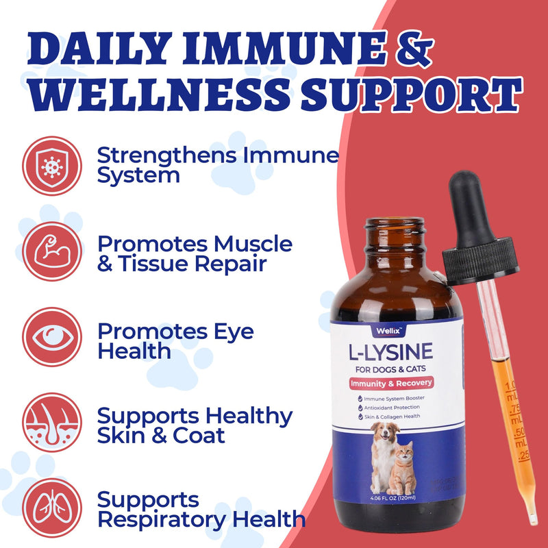4oz Larger Volume Liquid L-Lysine Drops for Cats&Dogs with Cat & Dog Taurine - Immune Support&Respiratory Support - Sneezing, Runny Nose, Eye Care, Allergy Relief - Chicken Flavor