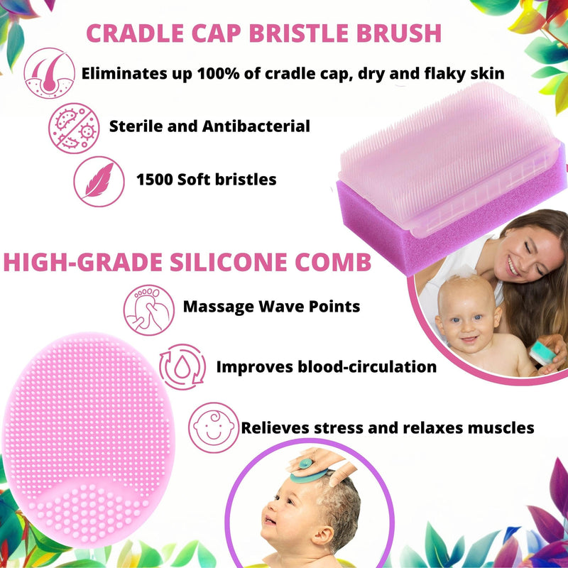 Cradle Cap Brush and Sponge Set for Baby - Bath Essentials for Newborns | Treatment Comb | Baby Bath Sponges (5-Pack Pink) - BeesActive Australia