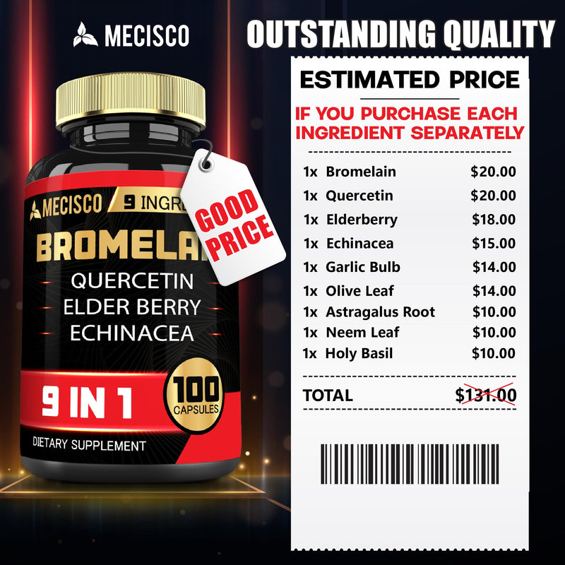Bromelain 1000mg with Quercetin, Elderberry, Echinacea & More Supplement - 100 Capsules - Bromelain Quercetin Supplement Supports Digestive System, Joint Health & Balanced Immune System - BeesActive Australia