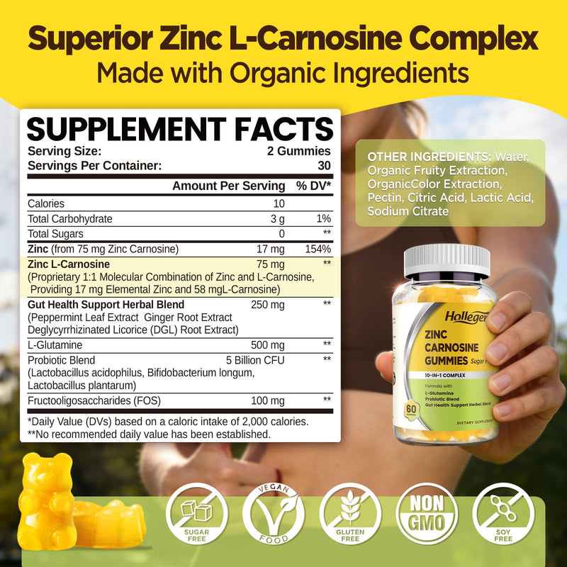 Zinc Carnosine Supplement, Organic Zinc-Carnosine 75mg | with L-Glutamine, DGL, Probiotic & Herbal Blend, Gut & Digestive Health Support, Bloating Relief,Vegan,Sugar Free,60 Gummies