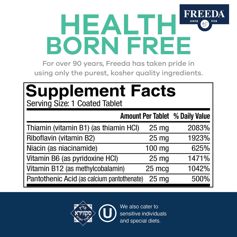 FREEDA Super B-Complex Vitamin Supplement – No Folic Acid or PABA, 100ct | Supports Energy, Metabolism, & Cellular Function – Balanced B Vitamins for Men & Women – Kosher, Vegan, Gluten-Free, USA Made 100 Count (Pack of 1)