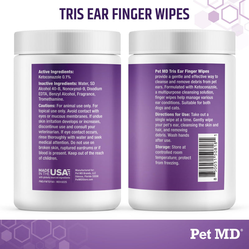 Pet MD Tris Ear Finger Wipes for Dogs & Cats - Multipurpose Cleansing Solution Cat Ear Wipes & Puppy Ear Cleaner - Pet Safe Cleaner to Clean and Remove Debris - 50ct