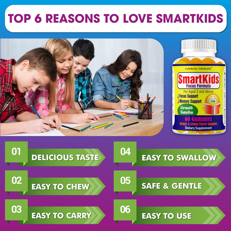 Smart Kids Focus Gummies with Omega 3 6 9 DHA, Brain Support Teen Vitamin, Kids Focus and Attention Supplements, Vegetarian Memory Supplement for Brain, Orange Flavor 60 Gummies