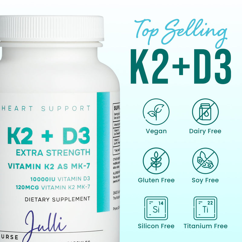Vitamin K2 + D3 Extra Strength Supplement - 120 Capsules with MK-7 for Bone and Heart Health Support - Essential Nutrients for Calcium Absorption and Immune Function
