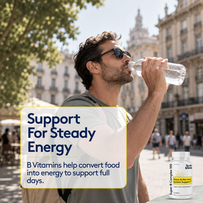 Youth & Tonic Super B Complex 100, Stress B Complex, PABA B-100 Vitamins | Calm & Steady Energy, High Potency Vitamin B Complex (Complejo B) with Choline Inositol, Men & Women, 75 Tablets 75 Count (Pack of 1)