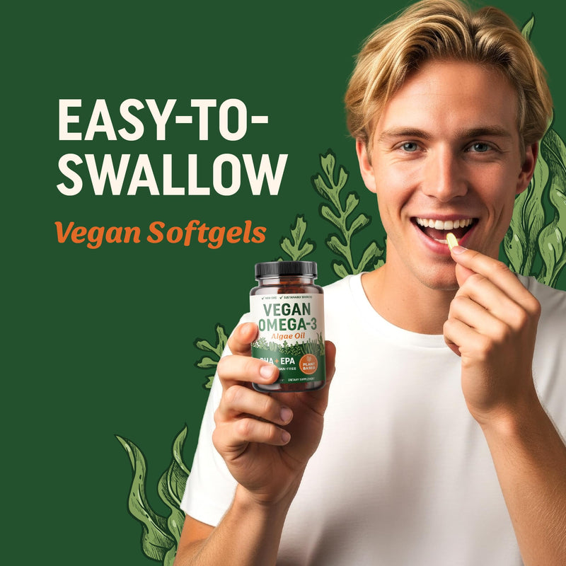 Vegan Omega 3 Algae Oil | Plant Based DHA EPA | Sustainably Sourced, No Carrageenan, Non GMO | Heart, Brain, and Eye Health | Fish Oil Alternative | Algae Omega 3 Supplement | 60 Softgel Capsules 60 Capsules - BeesActive Australia