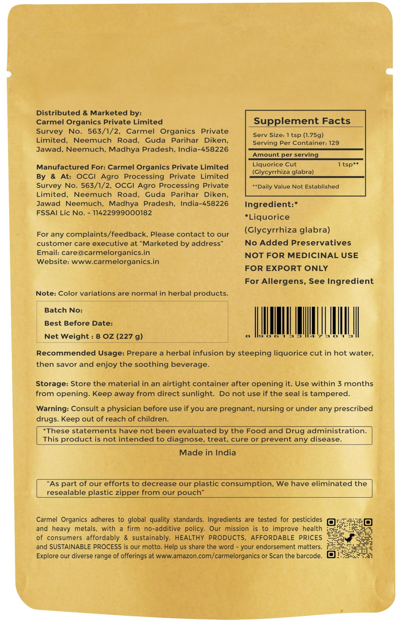 CARMEL ORGANICS Licorice(Mulethi) Root Cut 8 Ounce | Indian Yashtimadhu for Your Health,Skin and Hair Care | Glycyrrhiza Glabra | No Added Preservatives 8 Ounce (Pack of 1)