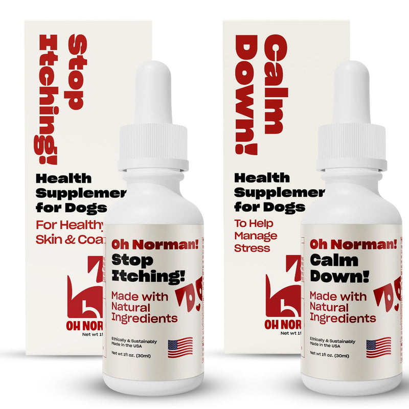OH NORMAN! Dog Calming & Itching Skin Relief Supplement Drops - Anti Aggression & Calming Drops for Fireworks, Travels, Vet Visits - Dog Skin & Coat - Stop Effing Itching & Calm The Eff Down Bundle