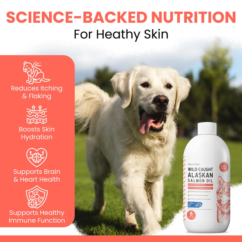 Wild Alaskan Salmon Oil for Dogs & Cats 16 oz - Omega 3 Dog Fish Oil, EPA DHA for Skin & Coat, Itch Relief, Joint and Heart Health - MSC Certified, Made in USA, Pump Bottle - Chew + Heal 16oz